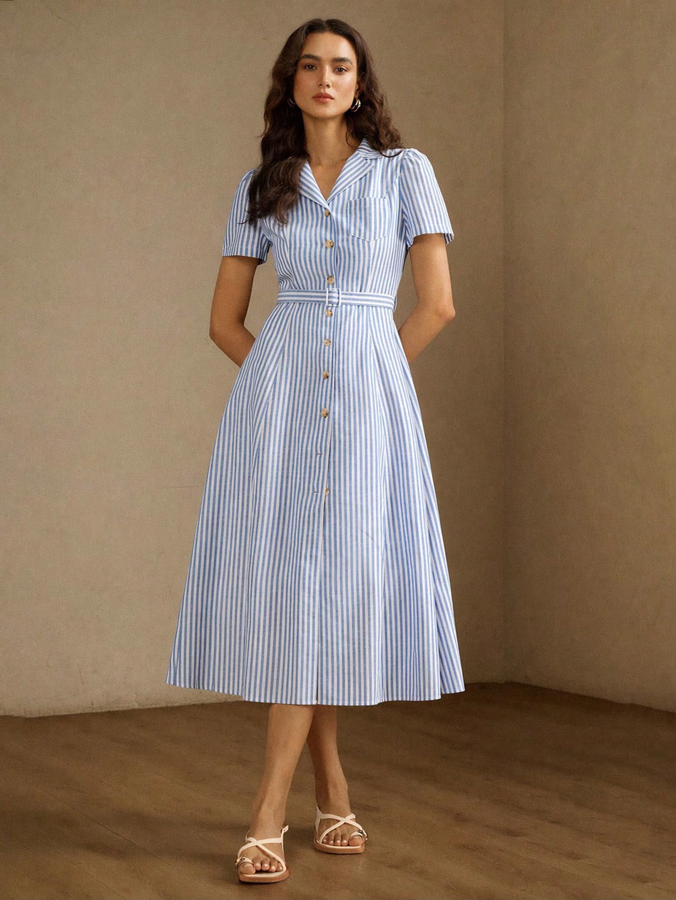 Summer elegant blue and white stripe dress
